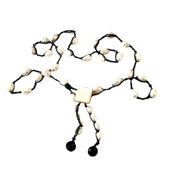 Hand Crafted Crochet Necklace with Shell Beads Vintage Button Lariat - Picture 8 of 11